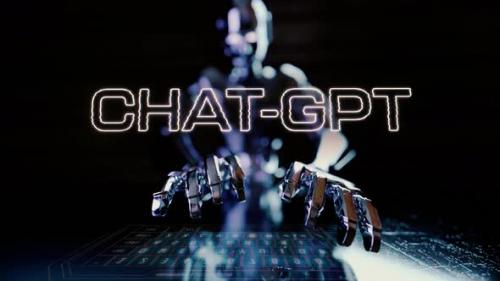 Videohive - Chat Gpt Text Animated With Ai Robot Businessman Typing On A Futuristic Keyboard - 48369670