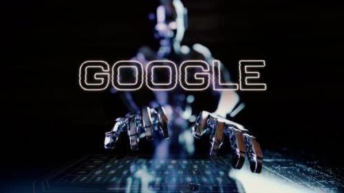 Videohive - Google Text Animated With Ai Robot Businessman Typing On A Futuristic Keyboard - 48369671