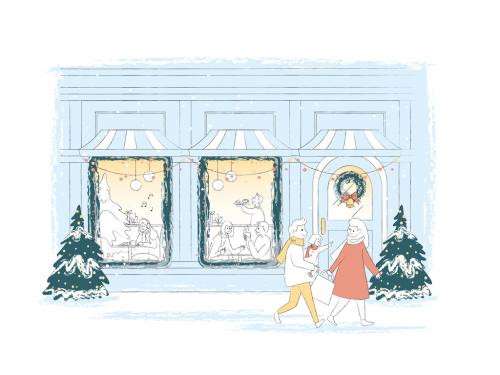 Christmas Scene Illustration of Festive Christmas Dinner Restaurant 642128386
