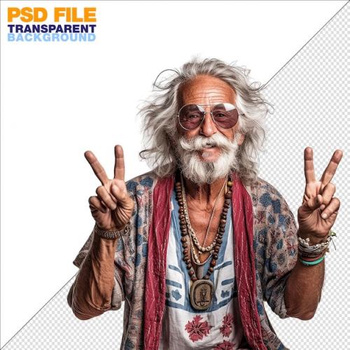 Premium PSD | An old hippy man showing the peace sign with his hand Premium PSD