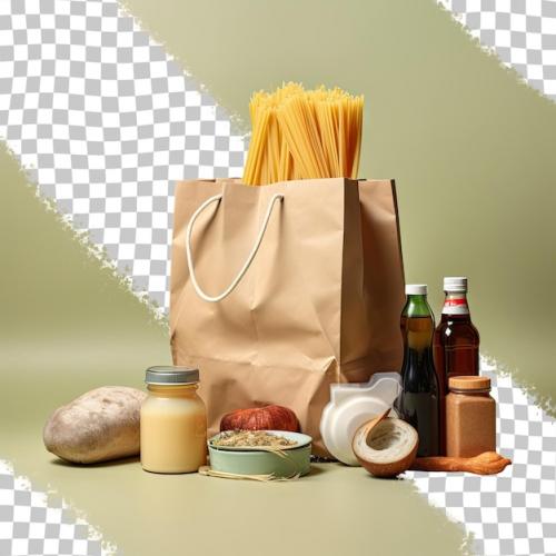 Premium PSD | A paper bag with pasta and cheese and beer on it Premium PSD