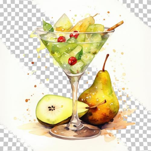 Premium PSD | Fruit tray with a pear cooked cocktail and watercolor painting on a transparent background Premium PSD