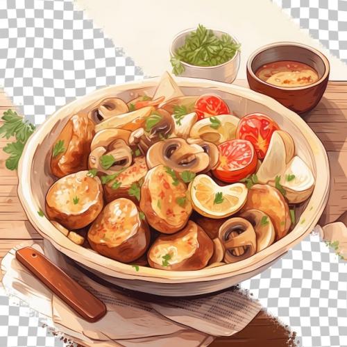 Premium PSD | Mushrooms and potatoes in marinade transparent background Premium PSD