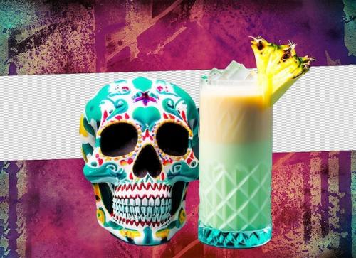 Premium PSD | Milky cocktail garnished with pineapple next to blue mexican skull Premium PSD