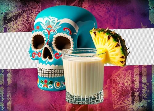 Premium PSD | Milky cocktail garnished with pineapple next to blue mexican skull Premium PSD
