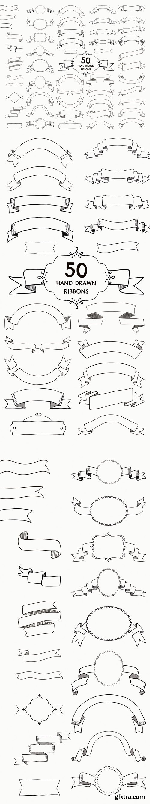 50 Vector Hand Drawn Ribbons + PNG