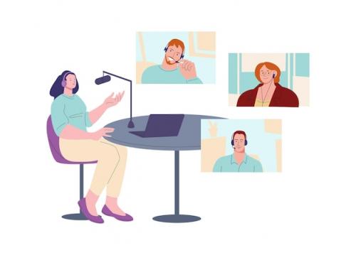 Premium Vector | Live stream or online translation business video call girl hosting podcast students distance study with teacher internet conference vector scene illustration of internet communication Premium PSD