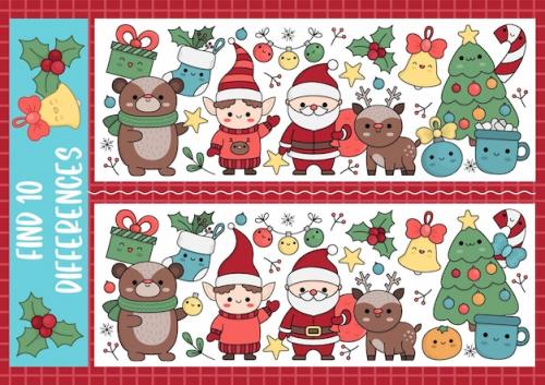Premium Vector | Christmas find differences game for children attention skills activity with cute santa claus elf deer tree new year puzzle for kids with funny characters printable what is different worksheet Premium PSD