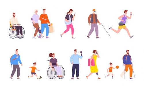 Premium Vector | Disabled people characters person with diverse disabilities or special needs handicap positive patient on wheelchair prosthesis incapacity blind man splendid vector illustration Premium PSD