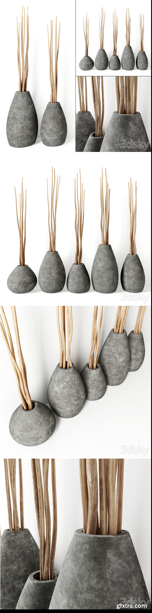 Decor from branches in concrete vases