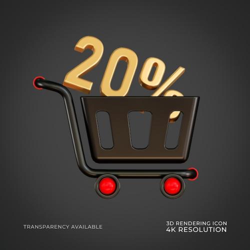 Premium PSD | Shopping cart 20 percent black friday discount icon isolated 3d render illustration Premium PSD