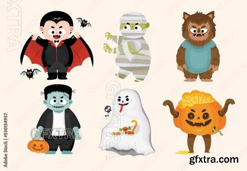 Cute Cartoon Halloween Character Illustrations Dracula Vampire Zombie Werewolf Frankenstein Monster Ghost Pumpkin 530154957