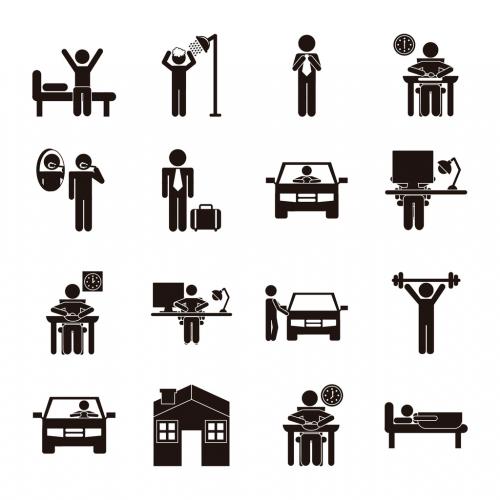 Adobe Stock - 16 Black and White Daily Routine Pictogram Icons - 124182568