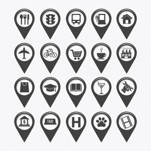 Adobe Stock - 20 Grayscale GPS and Map Locator Icons with Pictograms Inset - 124388406