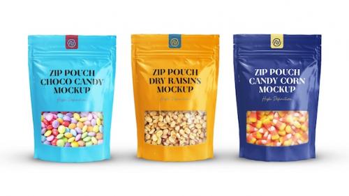 Premium PSD | Standup zipper pouch bag of choco candy dry raisins candy corn realistic mockup set 3 Premium PSD
