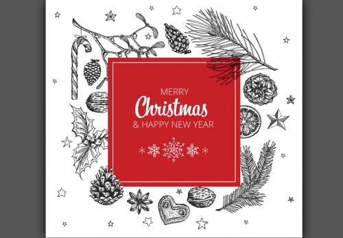 Adobe Stock - Christmas and New Year's Card with Nature Illustrations in Red and Black - 184606255