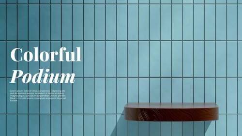 Premium PSD | 3d image render empty mockup wood grain texture podium in landscape blue tiled wall Premium PSD