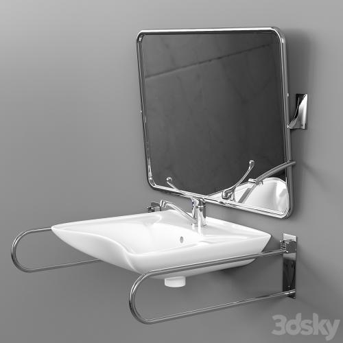 Sink with mirror and handrails
