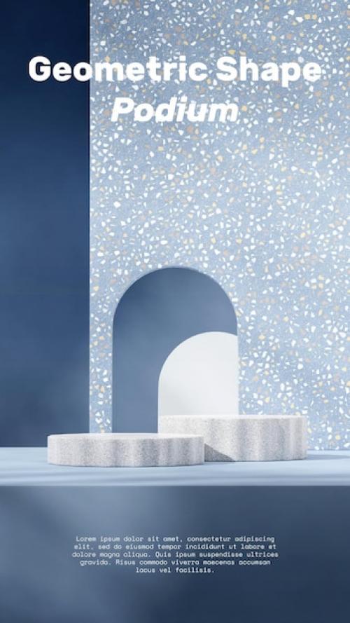 Premium PSD | In portrait blue terrazzo arch wall 3d image render empty mockup white granite textured podium Premium PSD