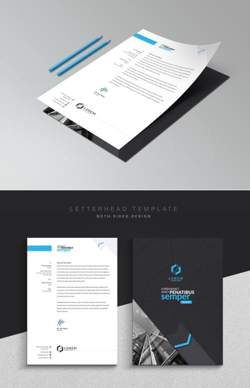 Adobe Stock - Blue and Dark Gray Letterhead Layout with Compass Illustration - 202400404
