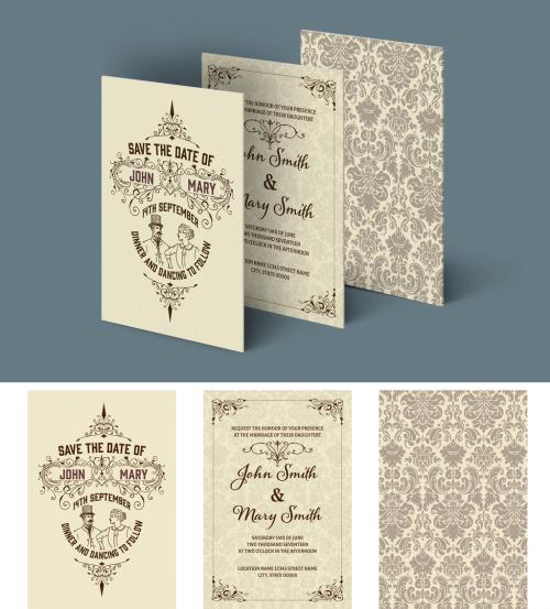 Adobe Stock - Wedding Invitation Set Layout with Ornamental Patterns - 215125778