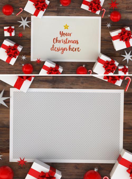 Adobe Stock - Christmas Card and Gifts on Wooden Table Mockup - 230468648