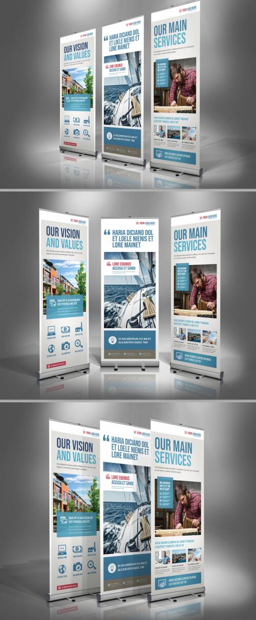 Adobe Stock - Roll-up Banner Layout with Blue and Red Accents - 239387532