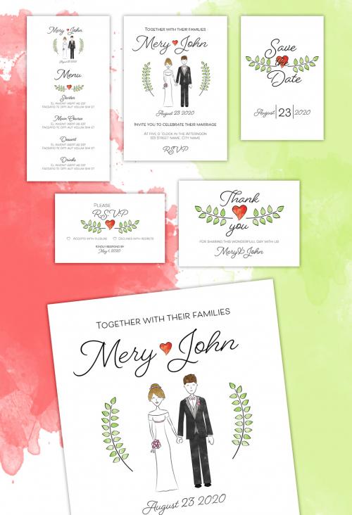 Adobe Stock - Wedding Invitation Layout Set with Couple Illustration - 241470145