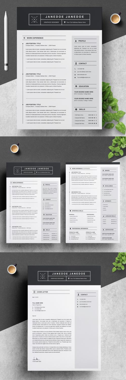 Adobe Stock - Black and Gray Resume, Cover Letter, and Reference Sheet Layout - 252286250