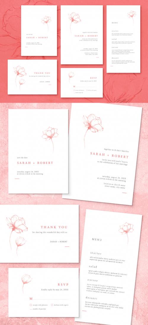 Adobe Stock - Wedding Stationery Suite Layout with Minimalist Floral Illustrations - 252924124