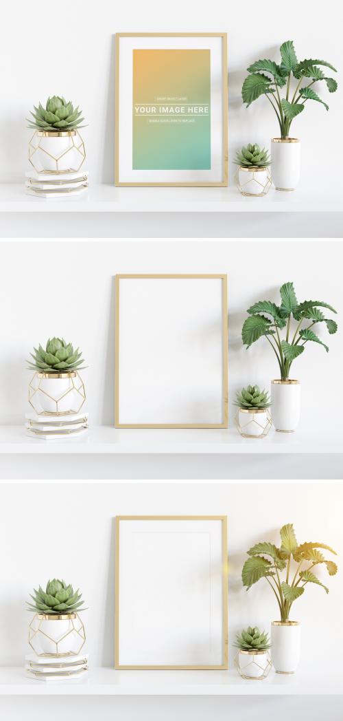 Adobe Stock - Vertical Frame on Shelf with Plants Mockup - 253807994