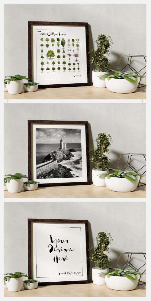 Adobe Stock - Square Frame Leaning Against a Wall with Plants Mockup - 254986990