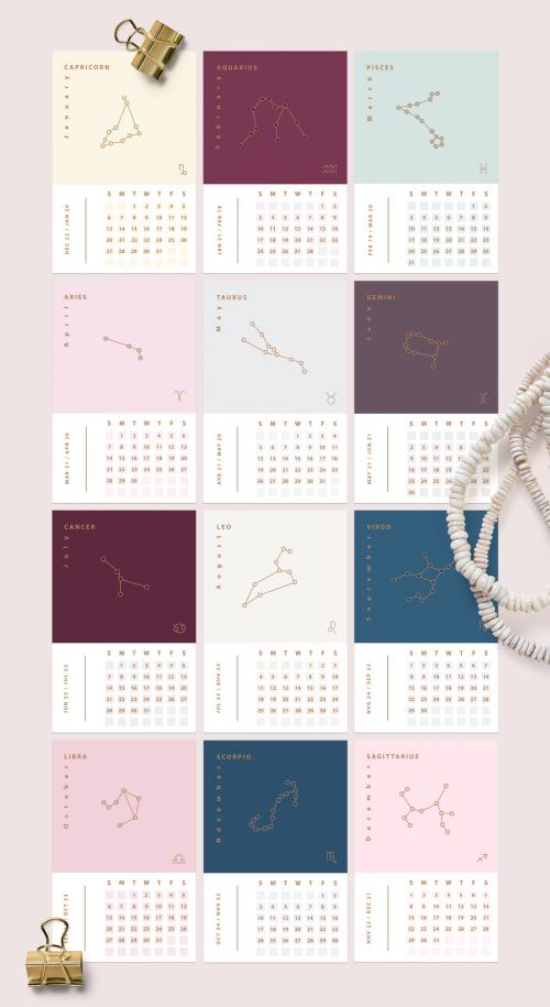 Adobe Stock - 12 Astrology Calendar Layouts with Constellation Illustrations - 255413631