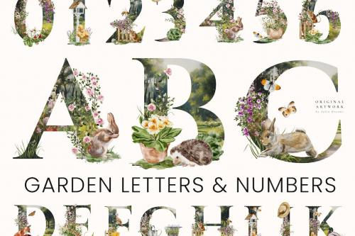 Garden Alphabet Letter Numbers Monogram Watercolor