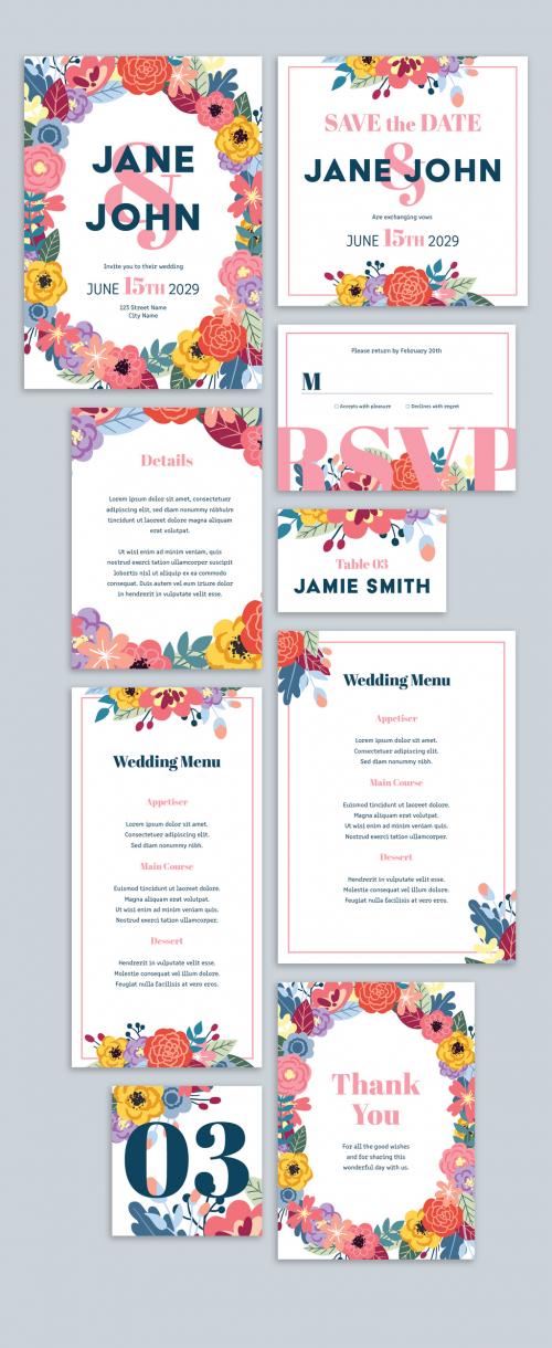 Adobe Stock - Wedding Suite Layout with Colorful Flower Illustration and Pink Accents - 257516912