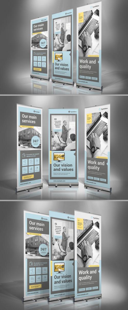 Adobe Stock - Roll Up Banner Layout with Gray, Yellow, and Pale Blue Accents - 259425472