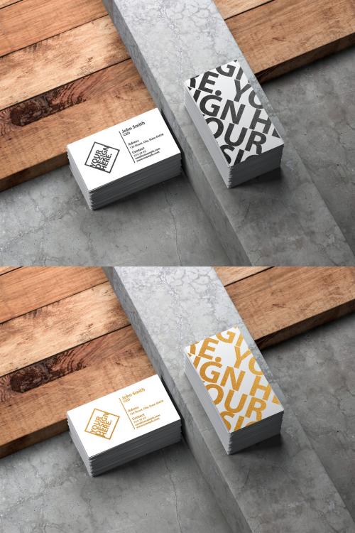Adobe Stock - 2 Stacks of Business Cards on Stone and Wood Background Mockup - 263713081