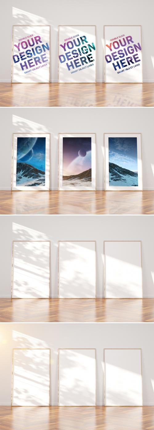 Adobe Stock - 3 Vertical Wooden Frames Laying in Interior Mockup - 263752772