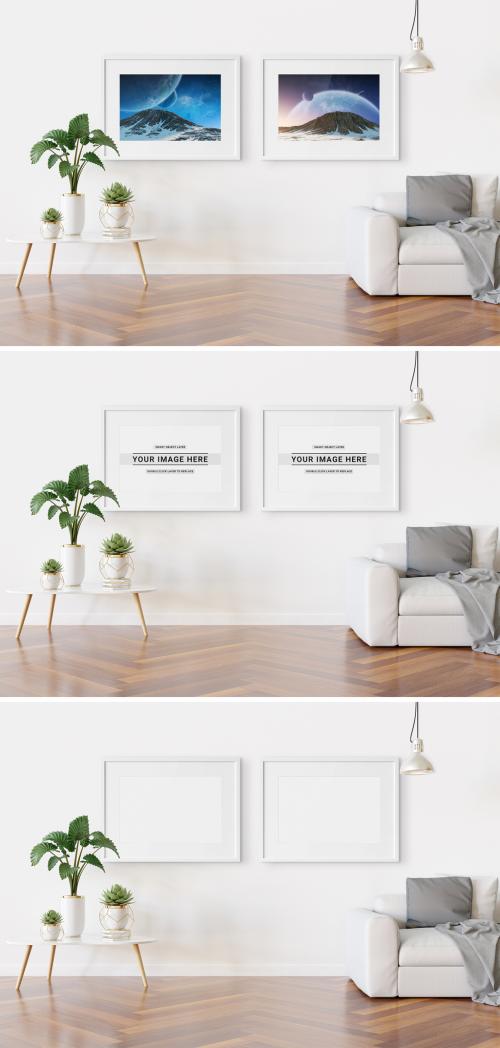 Adobe Stock - 2 Horizontal Frames Hanging in Living Room Mockup - 263752857