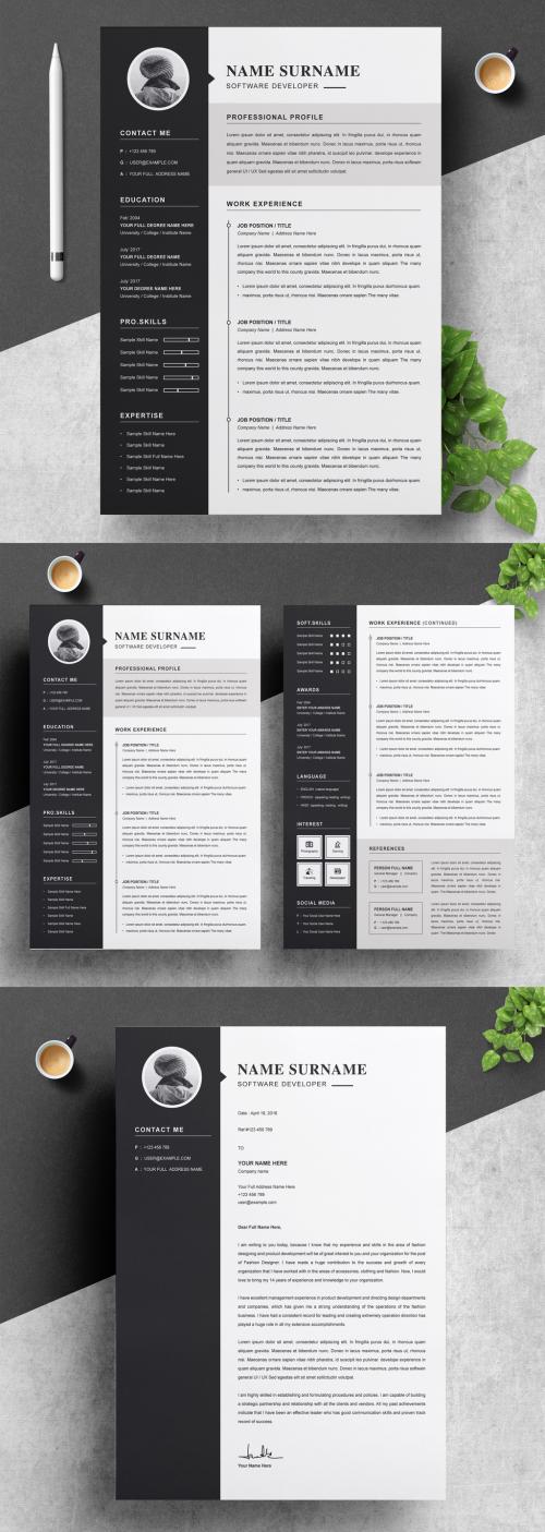 Adobe Stock - Simple Black and White Resume Kit Layout - 265364348