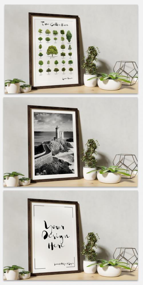 Adobe Stock - Mockup of a Frame on a Shelf with Plants - 266798485