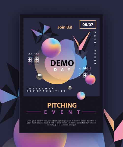 Adobe Stock - Dark Futuristic Flyer Layout with Colorful Gradient 3D Geometric Accents - 266993171