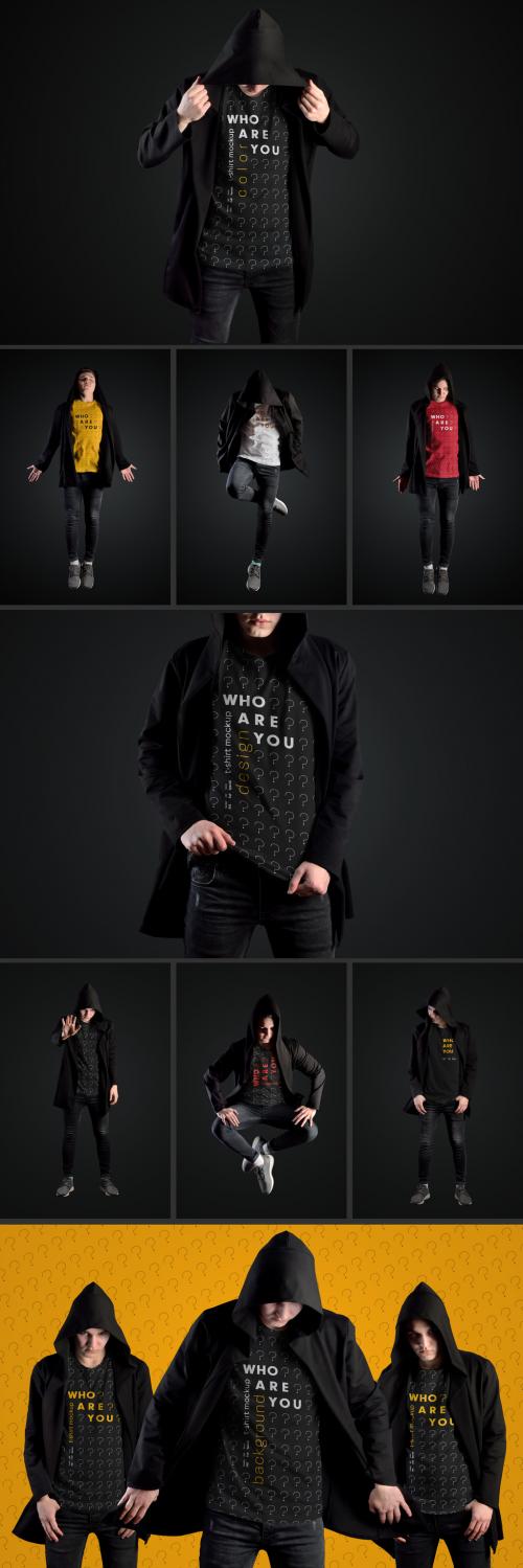Adobe Stock - 11 T-Shirt Mockups of a Young Adult in a Black Hooded Sweatshirt - 268212267