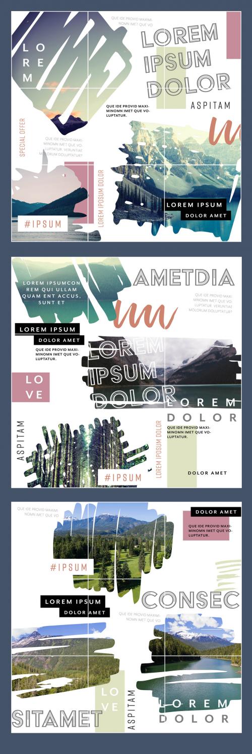 Adobe Stock - Travel Social Media Grid Set Layout with Painted Photo Mask Elements - 271630227