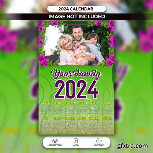 PSD family floral design calendar 2024 layout template