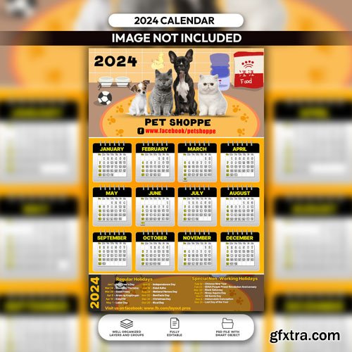 PSD pet shop calendar 2024 layout template