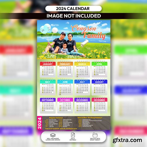 PSD simple family calendar 2024 layout design template