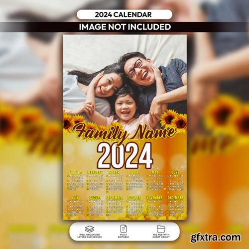 PSD sunflower themed family calendar 2024 layout template