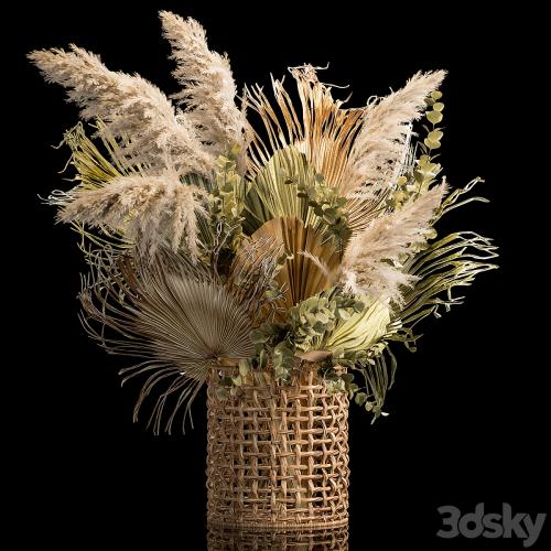 Installation bouquet pampas grass in a wicker basket of twigs, dry leaves, dried flower. 239.