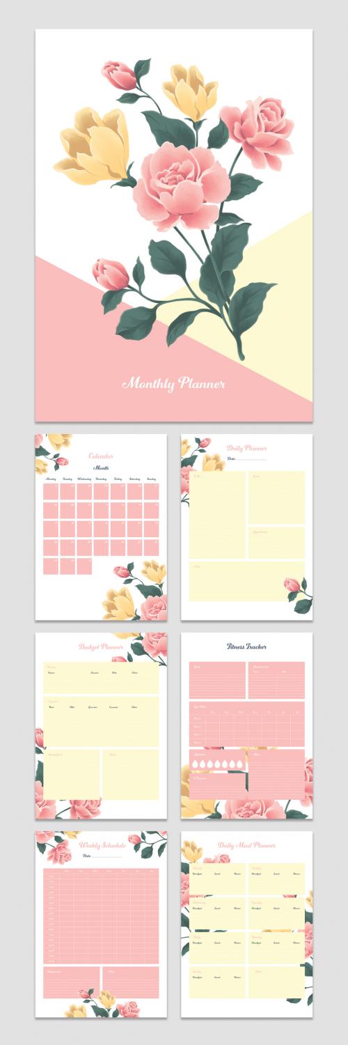Adobe Stock - Monthly Planner Layout with Floral Elements - 278601294